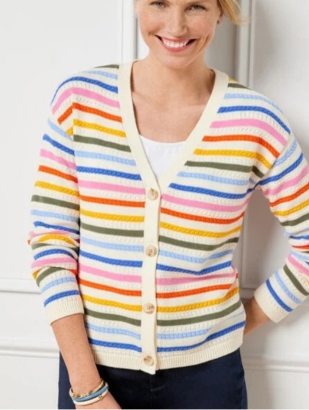 Talbots Cream Striped V‑Neck Button Cardigan with Multicolor Bands Size L